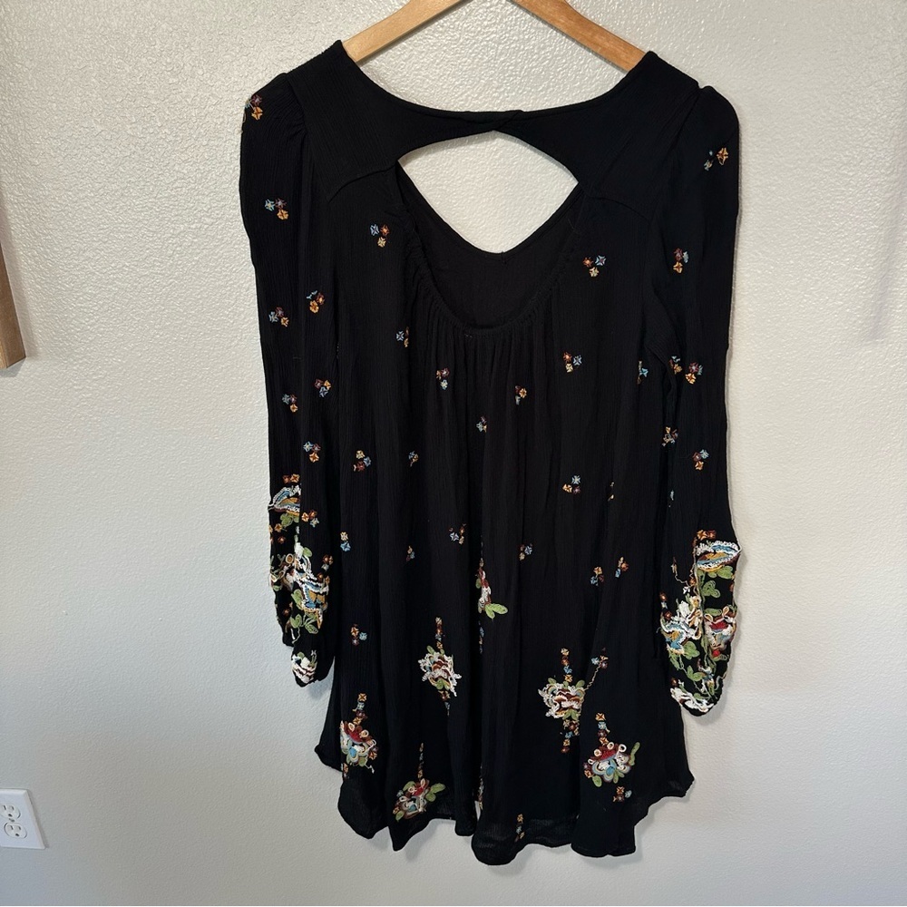 Free People Oxford Black Embroidered Balloon Sleeve Boho Mini Dress Tunic, M - Picture 10 of 14